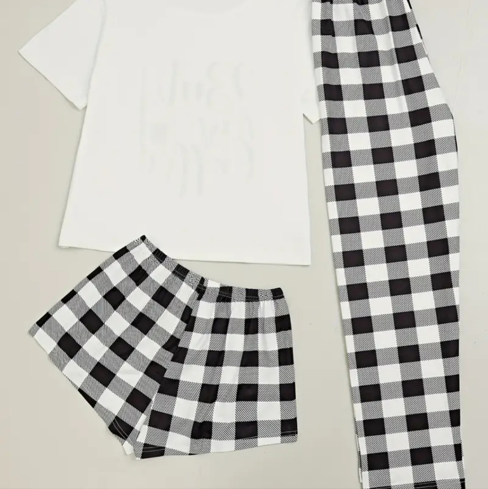 🤍🖤NEW🤍🖤SO CUTE!! Coffee Plaid 3PC Pajama Set - Picture 2 of 5